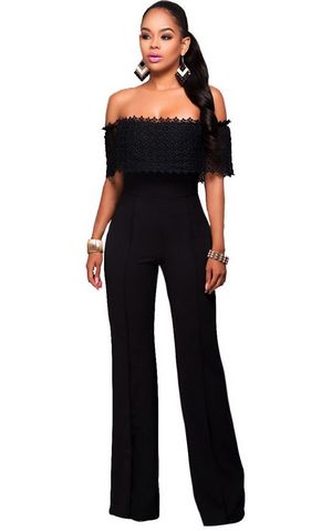 F2515  Sexy Off Shoulder High Waisted Long Wide Leg Jumpsuits Rompers